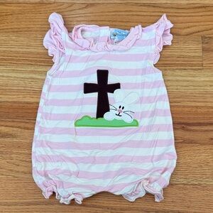 Pink Striped Kids Dress with Bunny and Cross Design